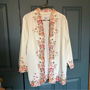 Susan Graver Floral Embroidered Top Jacket Womens Size L Linen White Multicolor
